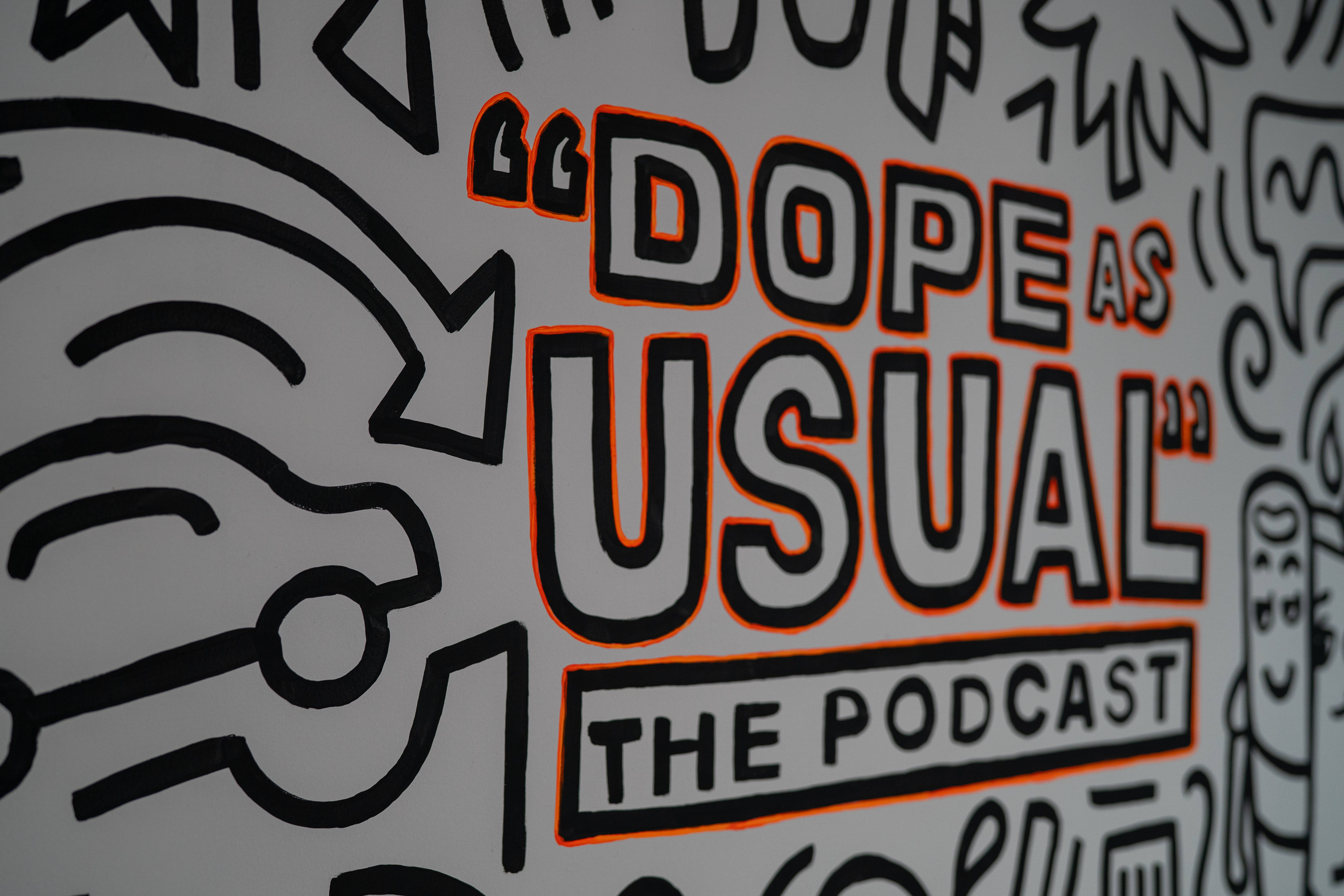 Trippy Dope 桌布 壁紙 — 白色牆壁上以橙色和黑色寫著「DOPE AS USUAL THE PODCAST」的粗體塗鴉風格文字，周圍環繞著抽象塗鴉。