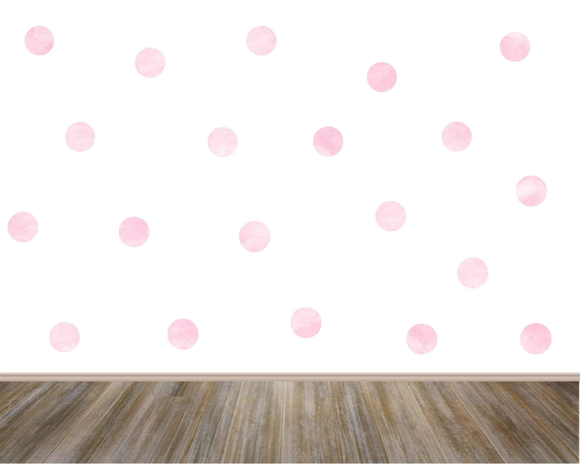 Polka Dot 桌布 壁紙 — 白色牆壁上裝飾著柔和粉紅色水彩圓點，下方是木地板。