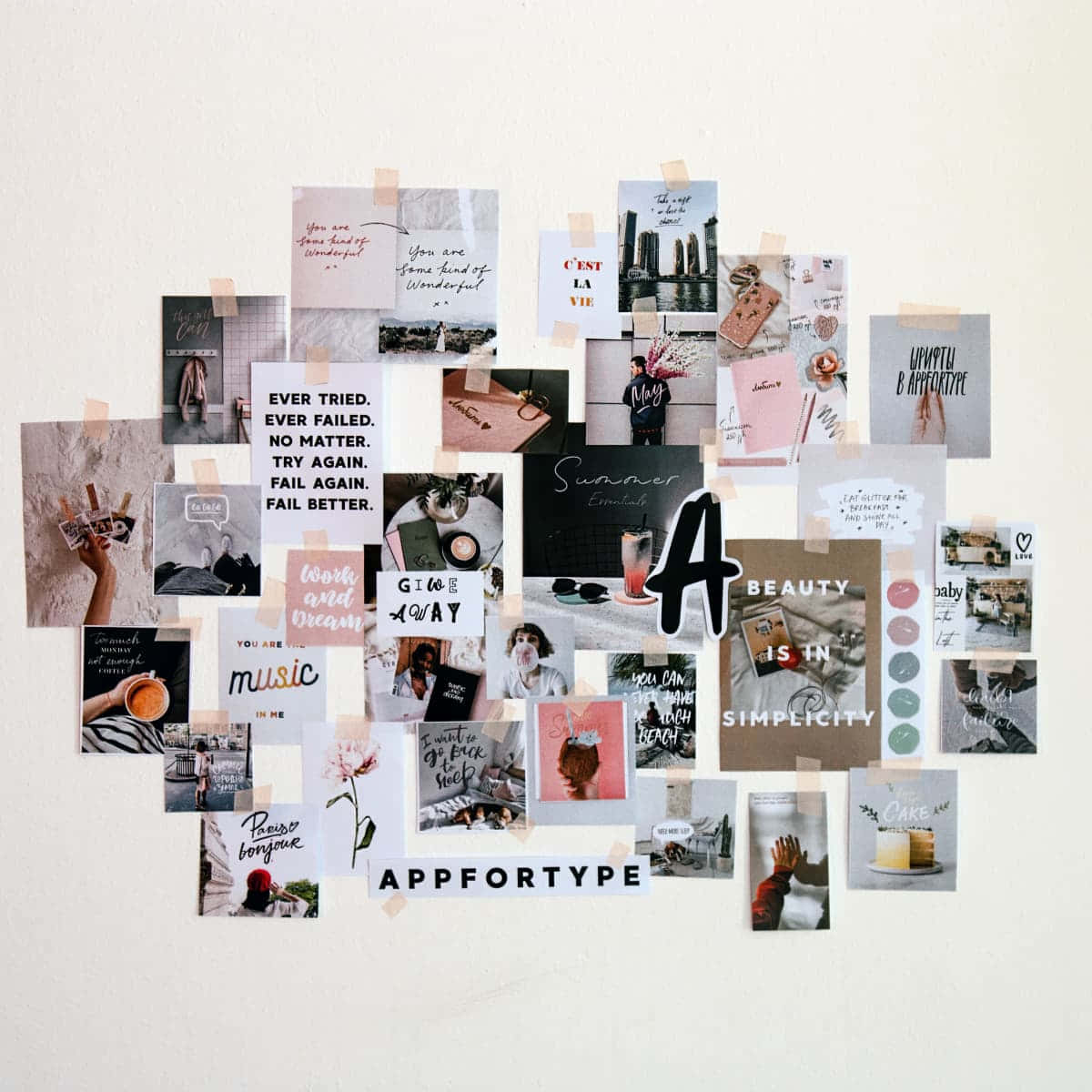 Wall Collage 桌布 壁紙 — 白色牆壁上覆蓋著色彩繽紛的拼貼畫，包含勵志語錄、照片和設計元素，用米色膠帶固定。