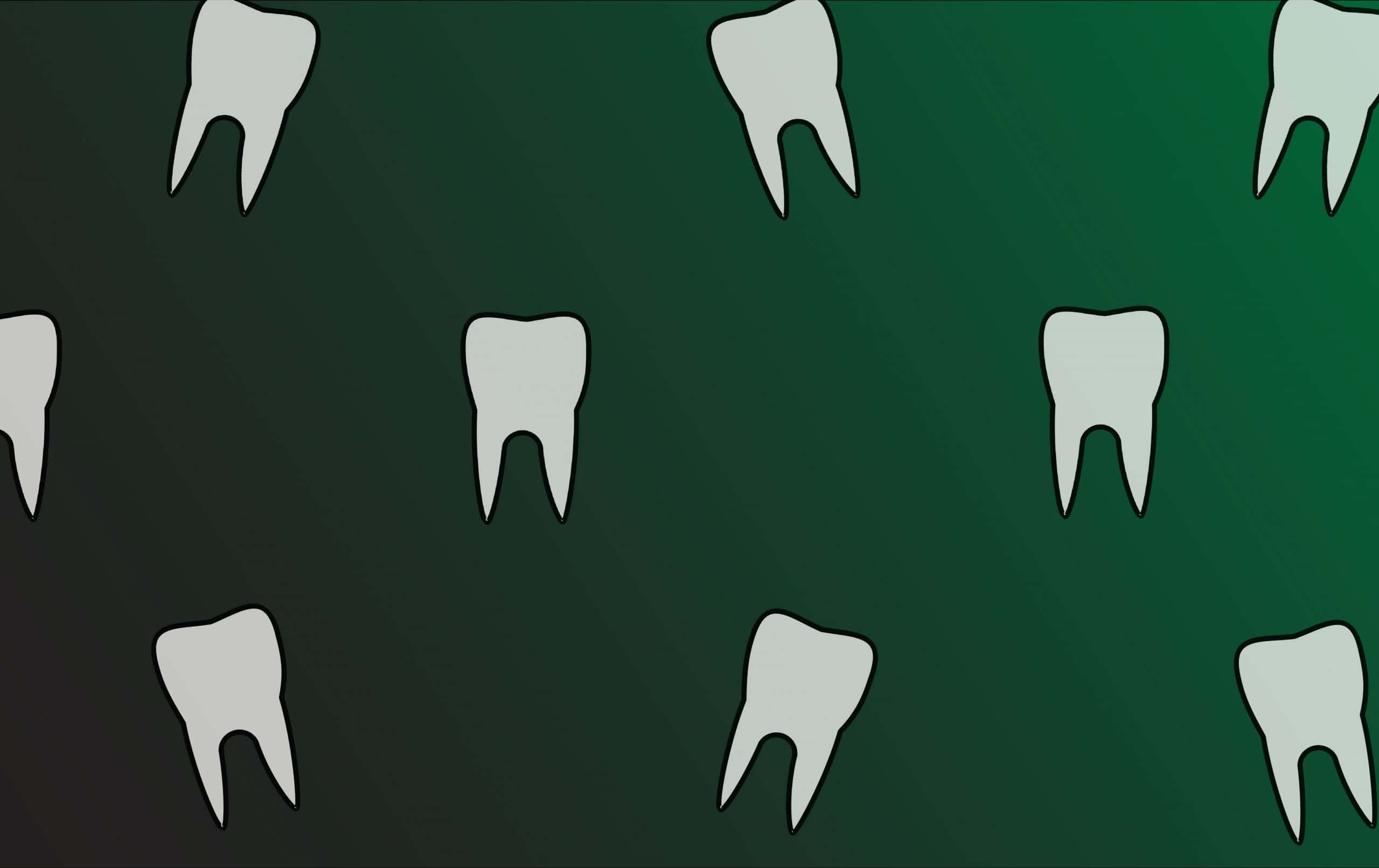 Tooth 桌布 壁紙 — 白色牙齒圖標在漸變綠色背景上以重複圖案漂浮。