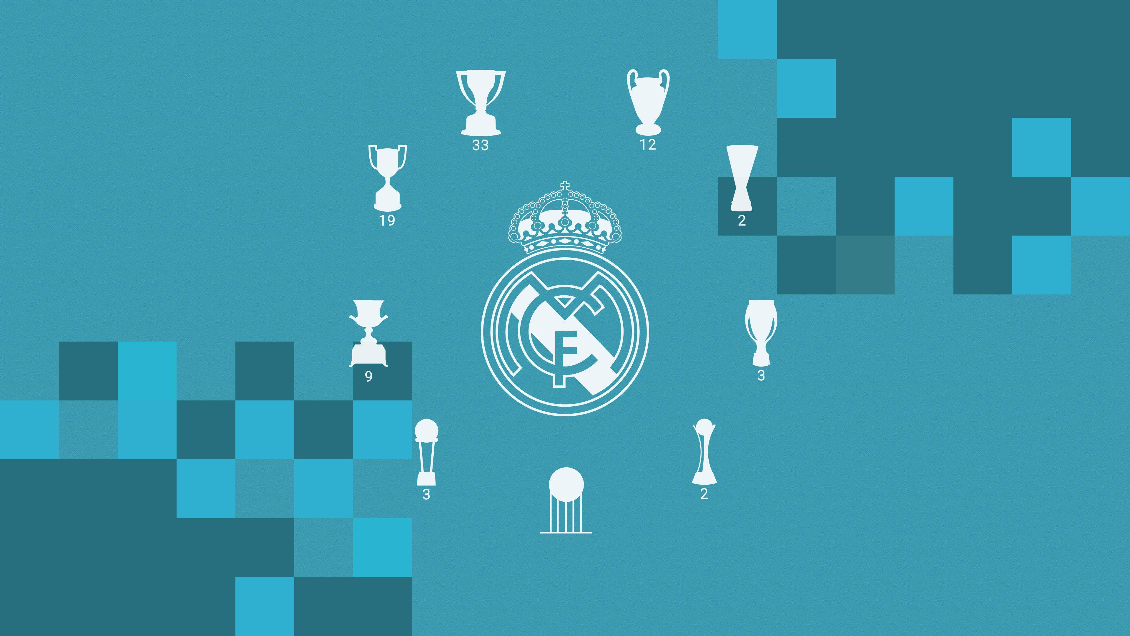 Real Madrid 4K 桌布 壁紙 — 白色獎盃圖標連同數字在青綠色像素背景上圍繞皇家馬德里會徽放射排列。