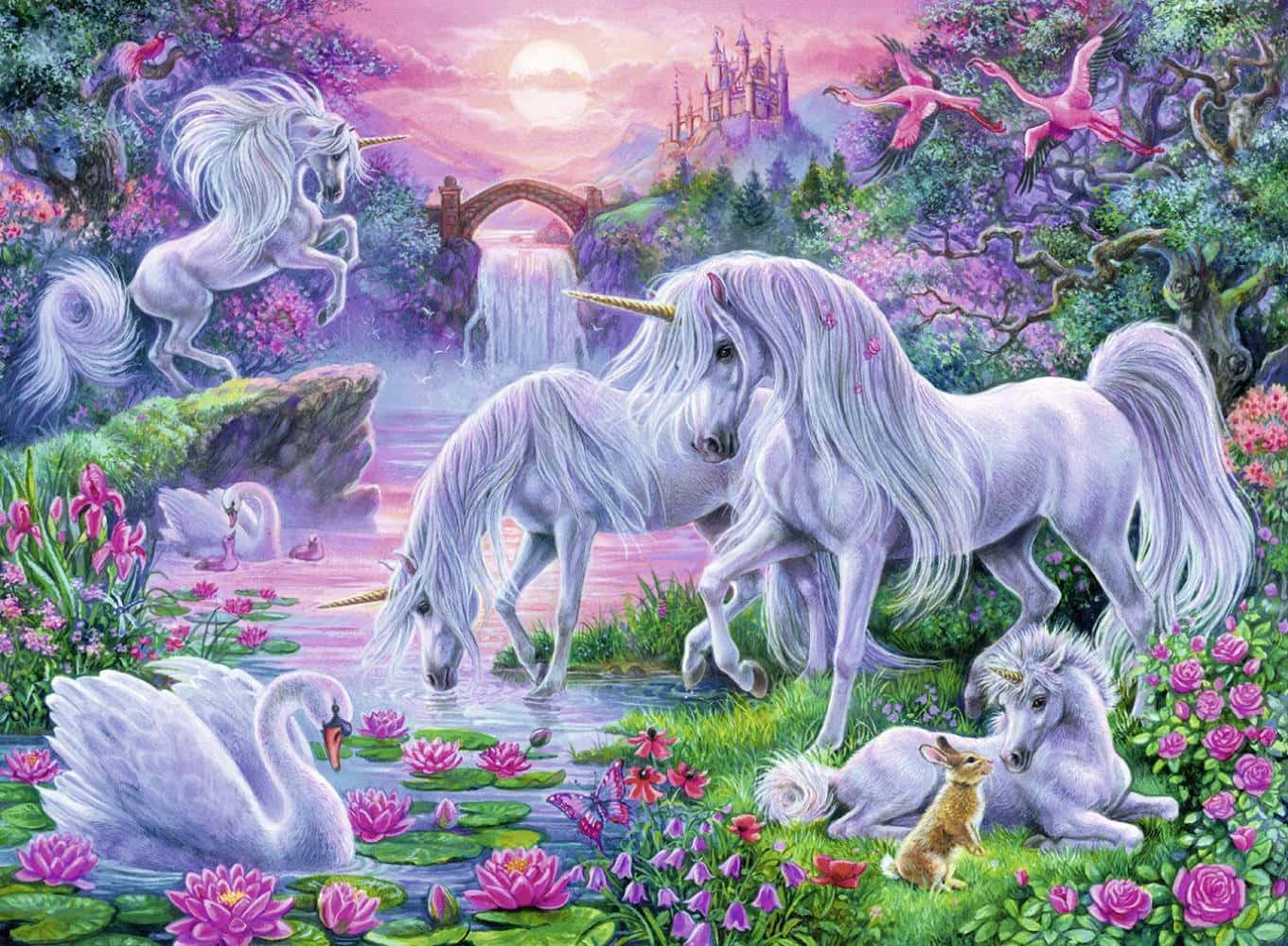 Unicorns 桌布 壁紙 — 白色獨角獸在魔法暮光花園中吃草玩耍，花園裡有粉紅蓮花天鵝和遠處的城堡，在發光的月亮下。