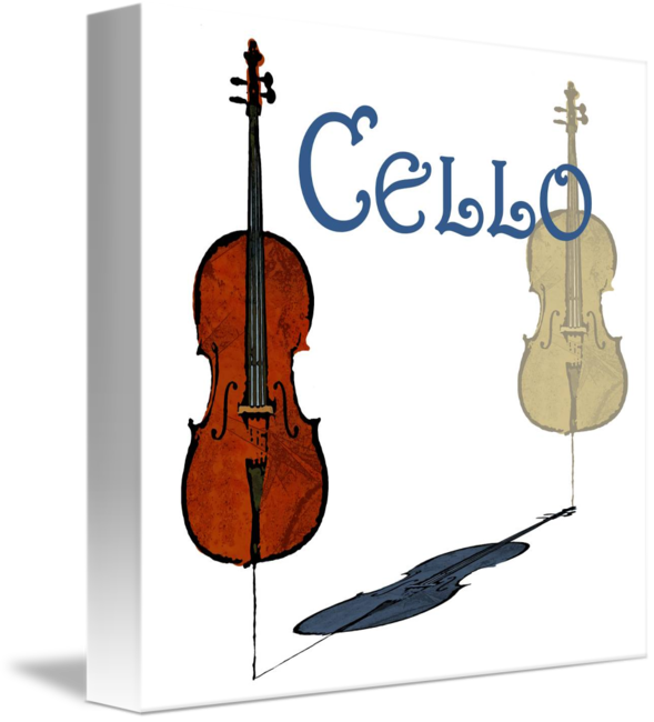 cello 桌布 壁紙 — 白色畫布上，以豐富棕色調呈現風格化的大提琴插圖，搭配褪色米色版本和藍色手寫文字。