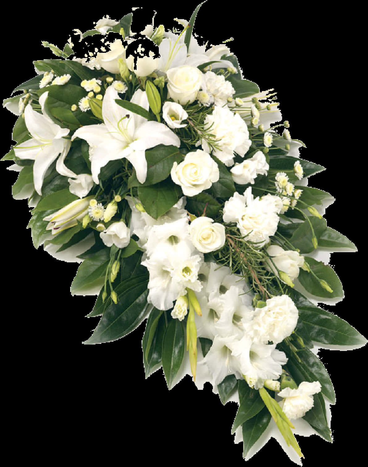 White Flowers 桌布 壁紙 — 白色百合、玫瑰和綠植組成的層疊葬禮花圈，襯托在純黑背景上。