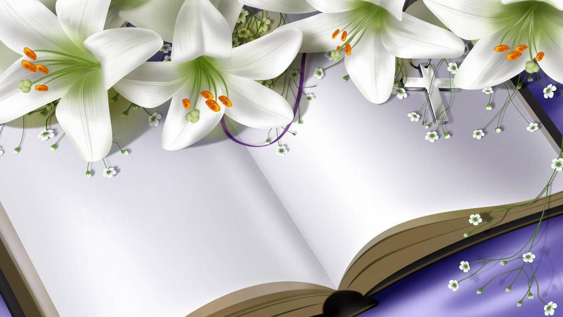 lily 桌布 壁紙 — 白色百合花帶有橙色雄蕊，優雅地放在一本打開的書上，背景是紫色布料。