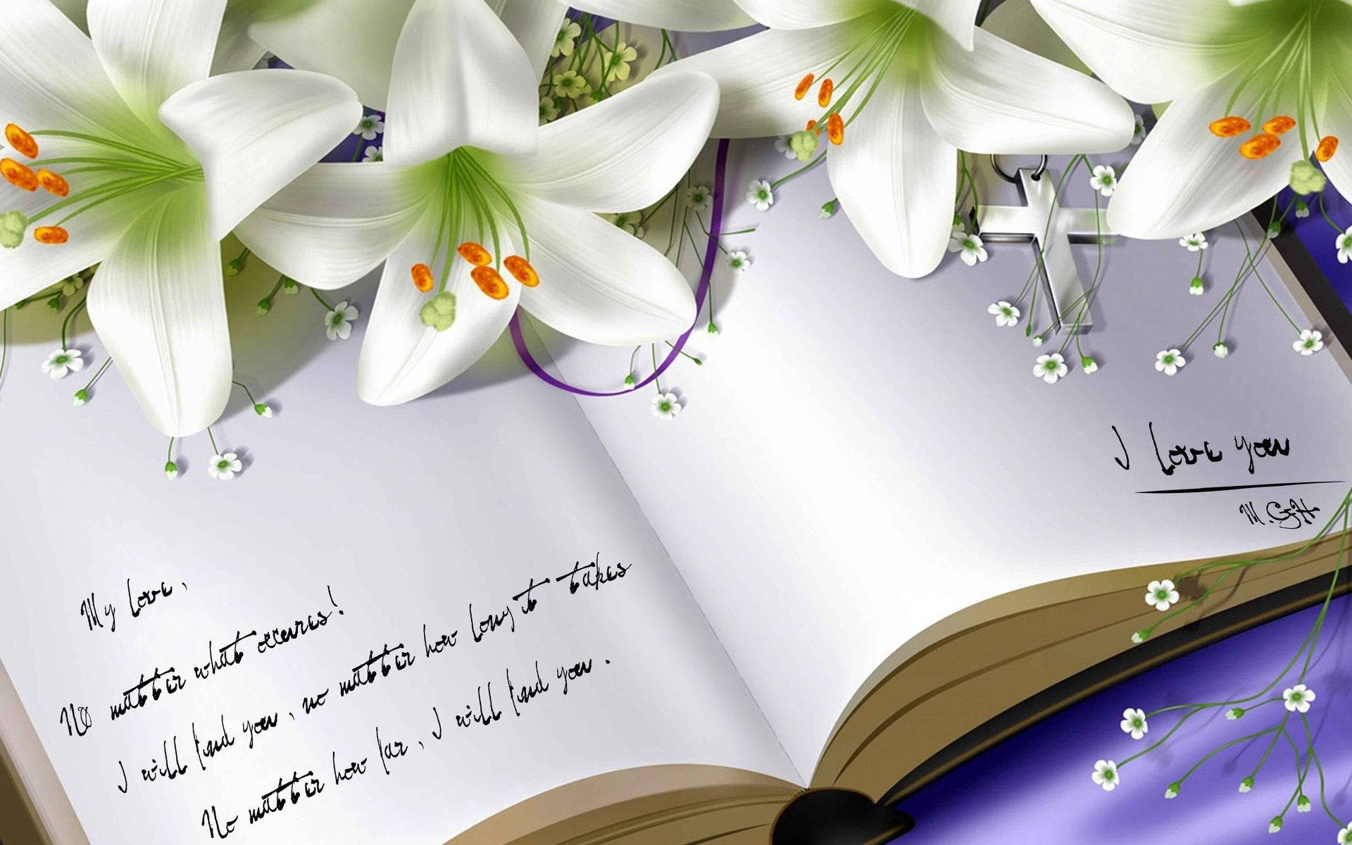 書本 桌布 壁紙 — 白色百合花帶有橙色雄蕊，放在一本打開的書上，書中有手寫的情書和一個銀色十字架。