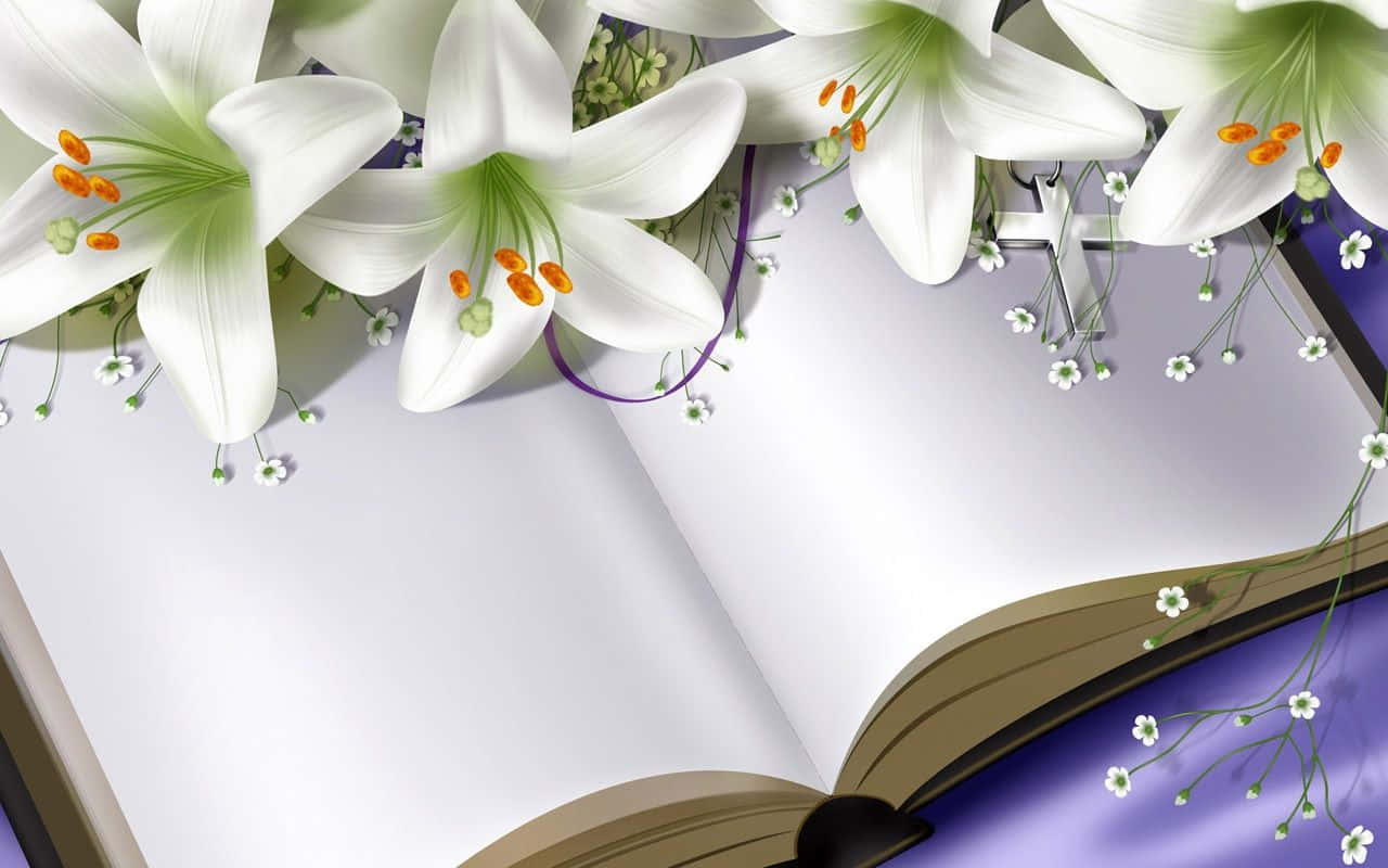 lily 桌布 壁紙 — 白色百合花搭配橙色雄蕊，在一個裝飾著細小白色花朵的紫色表面上，如瀑布般傾瀉在一本打開的書上。