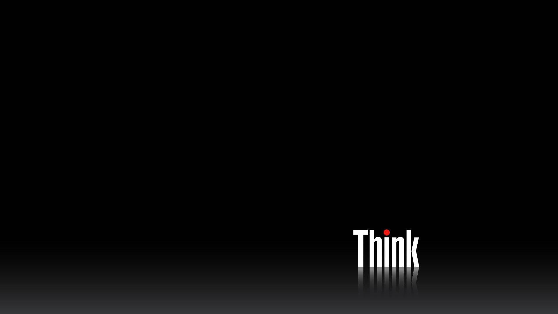 Computer Screen 桌布 壁紙 — 白色的「Think」字樣，上面的「i」有一個紅點，居中在黑色漸變背景上，下方有微弱倒影。