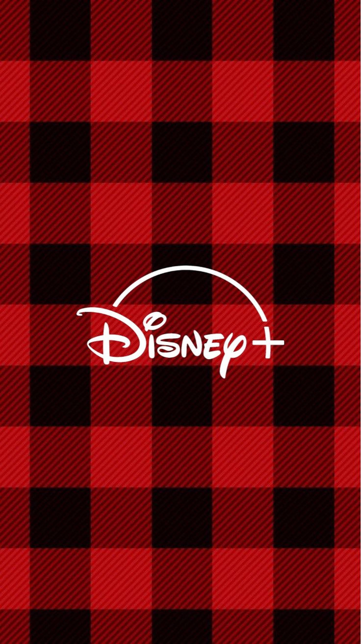 Disney Logo 桌布 壁紙 — 白色的Disney+標誌在鮮明的紅色和黑色格紋背景上脫穎而出，帶有對角線紋理。