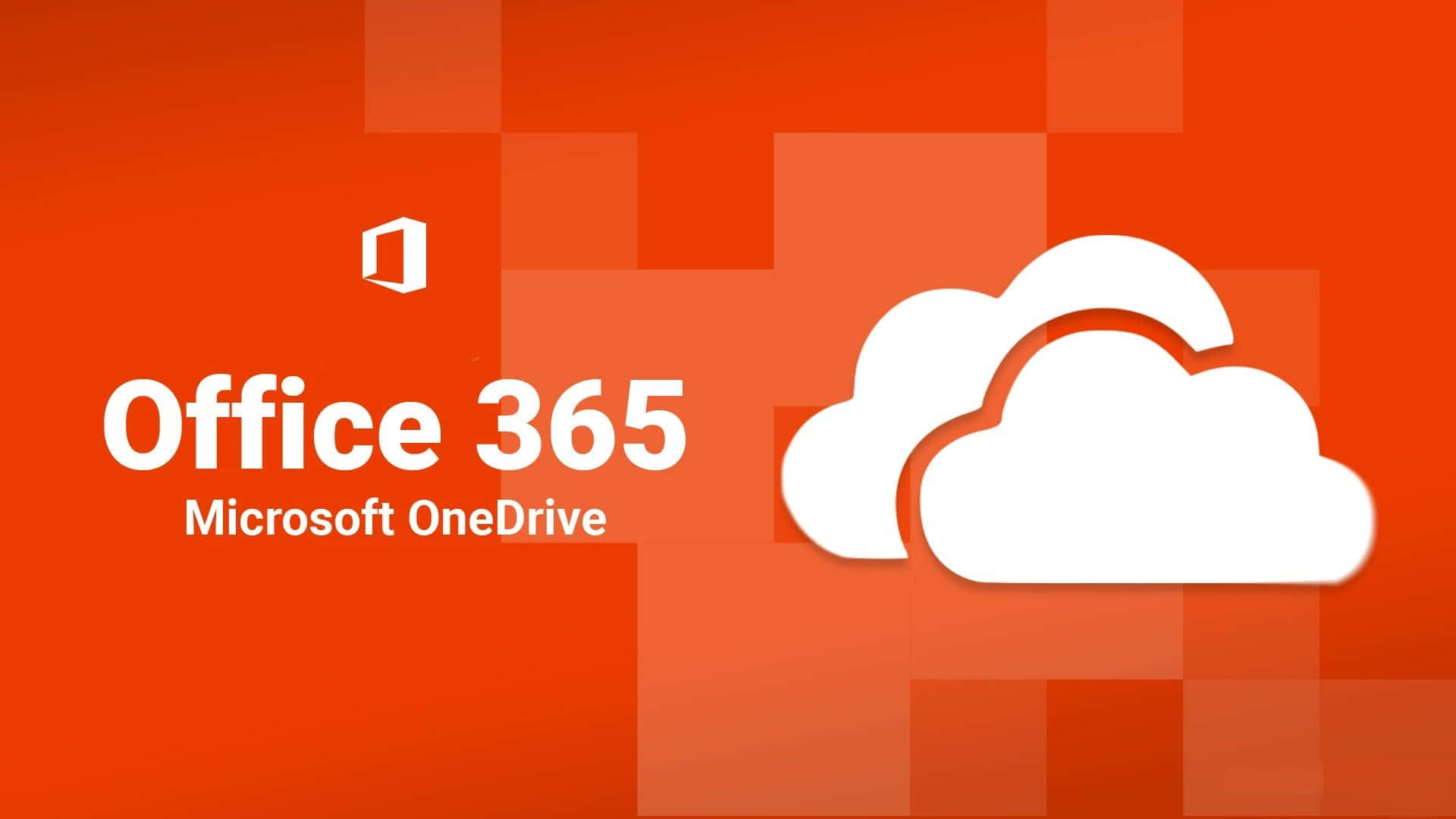 Office 365 桌布 壁紙 — 白色的Office 365和OneDrive標誌漂浮在充滿活力的橙色像素背景上。