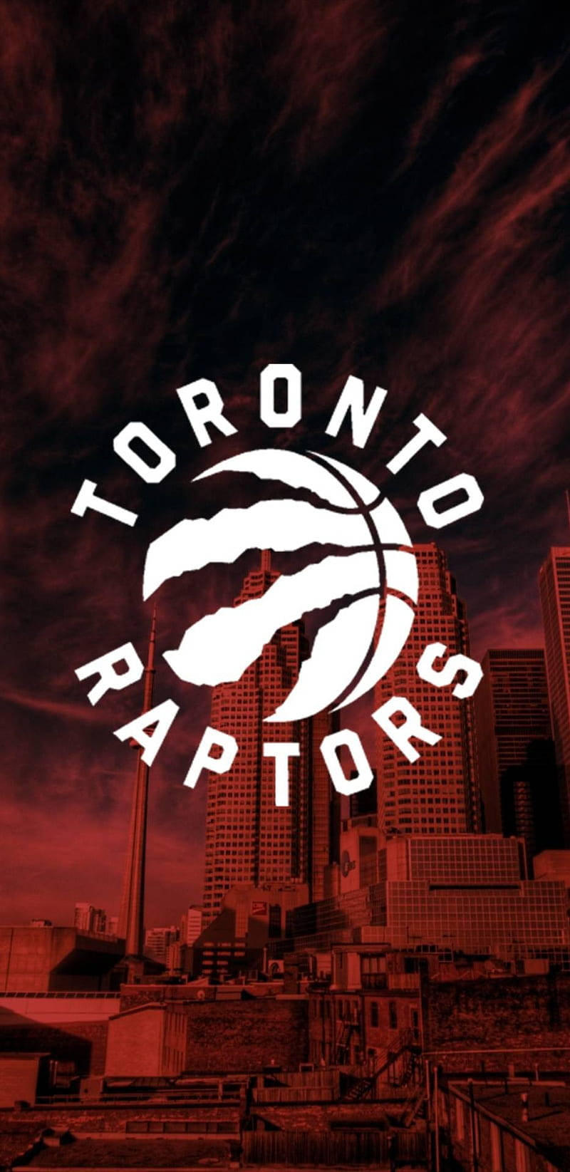 Raptors 桌布 壁紙 — 白色的多倫多暴龍隊標誌在黃昏時主導著火紅色的城市天際線。