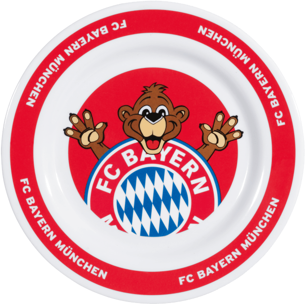 熊 桌布 壁紙 — 白色盤子，紅色邊框，印有FC Bayern München標誌，藍白菱形徽章上方有一隻揮手的卡通猴子。