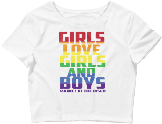 Panic 桌布 壁紙 — 白色短版上衣，帶有彩虹漸變文字，寫著「GIRLS LOVE GIRLS AND BOYS PANIC! AT THE DISCO」。