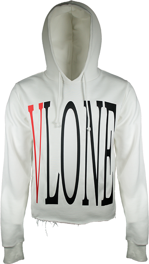 Vlone 桌布 壁紙 — 白色短版連帽上衣，帶有鮮明的紅色和黑色 'VLONE' 標誌，襯托在純黑色背景上。