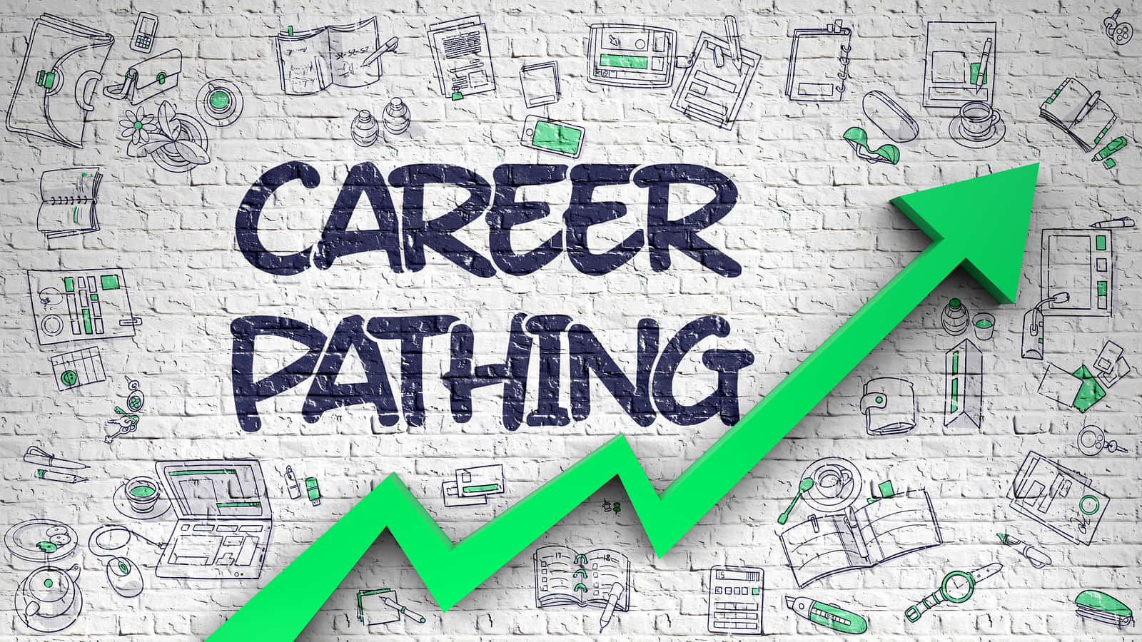 Path 桌布 壁紙 — 白色磚牆上帶有綠色向上箭頭的粗體「CAREER PATHING」文字，周圍環繞辦公室塗鴉。