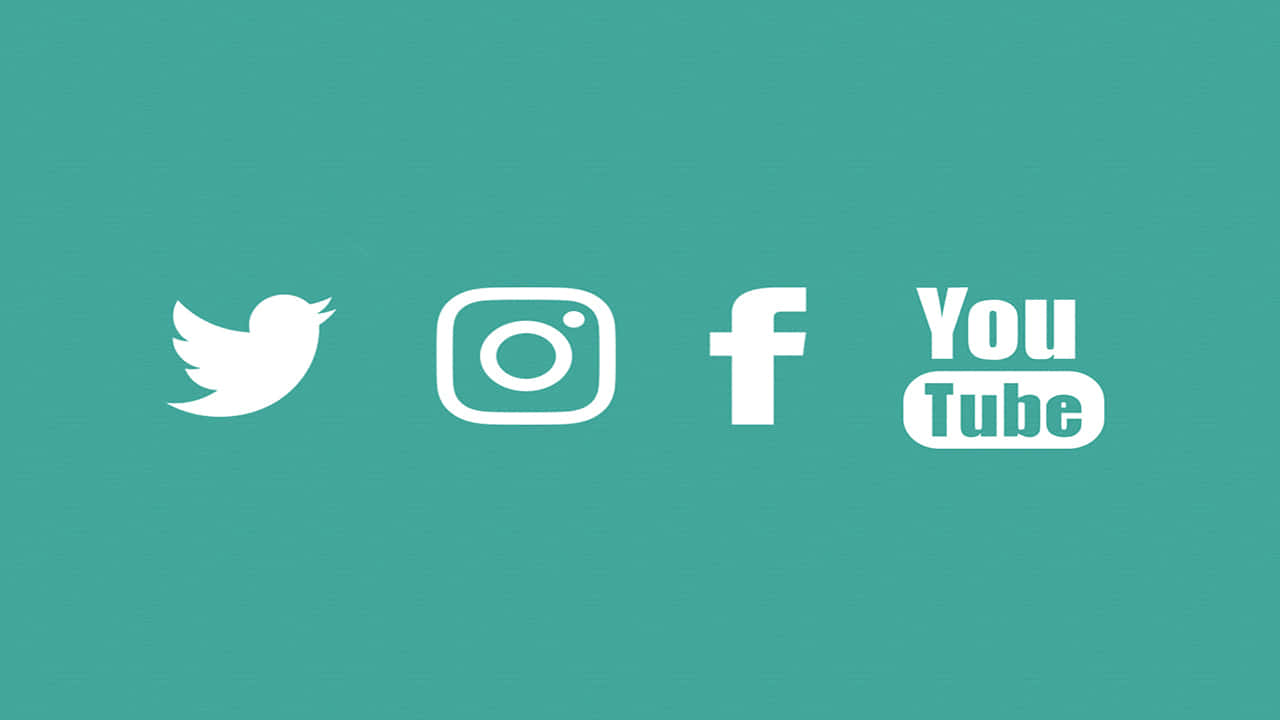 Social Media Logos 桌布 壁紙 — 白色社交媒體圖示漂浮在純青色背景上，採用簡潔極簡的佈局。