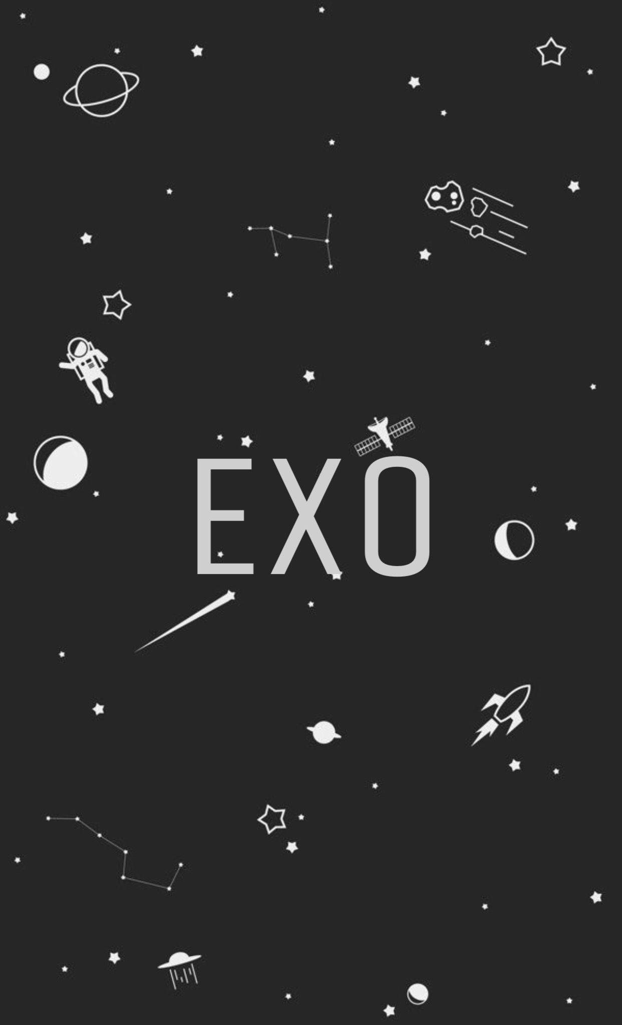 EXO 桌布 壁紙 — 白色簡約太空圖示漂浮在粗體文字 EXO 周圍，背景為深色。