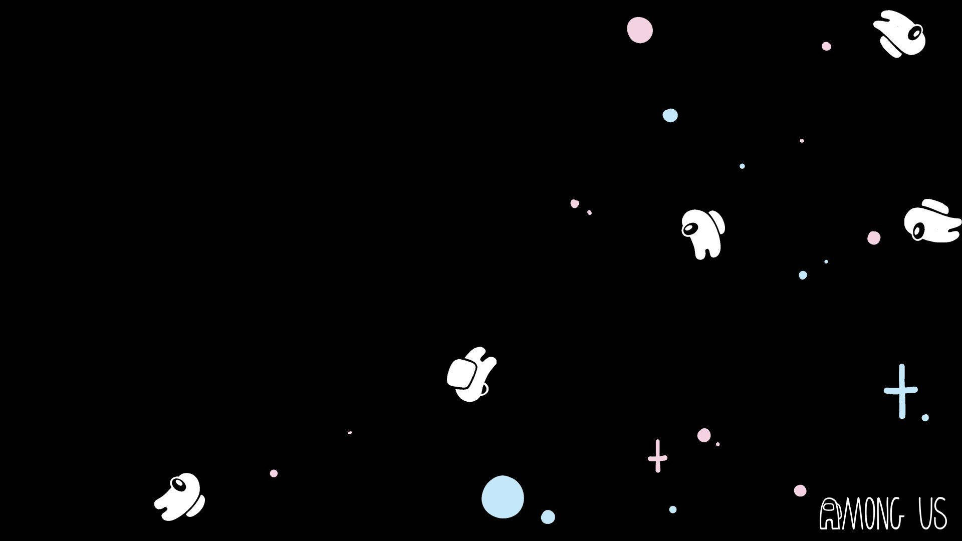 game 桌布 壁紙 — 白色簡約船員在佈滿星星的黑色虛空中漂浮，帶有粉彩點和加號。