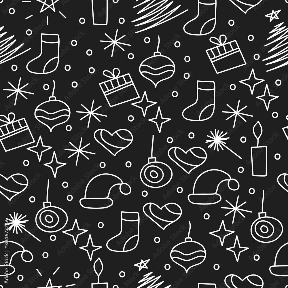 Black Christmas 桌布 壁紙 — 白色粉筆風格的聖誕圖標，如襪子、裝飾品和星星，散落在黑板背景上。