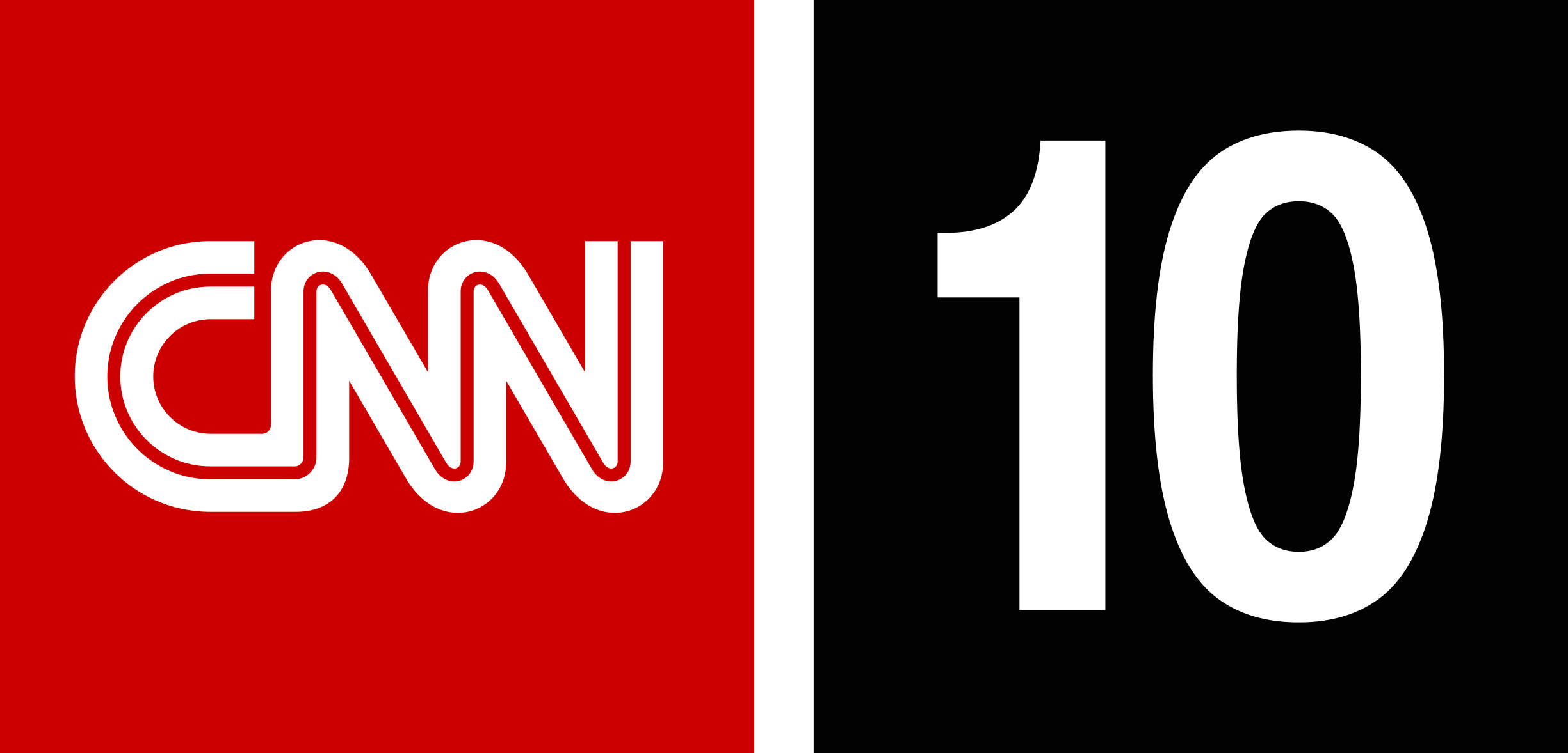 tv 桌布 壁紙 — 白色粗體CNN標誌在紅色半邊，由白線分割，黑色半邊有大型白色數字十。