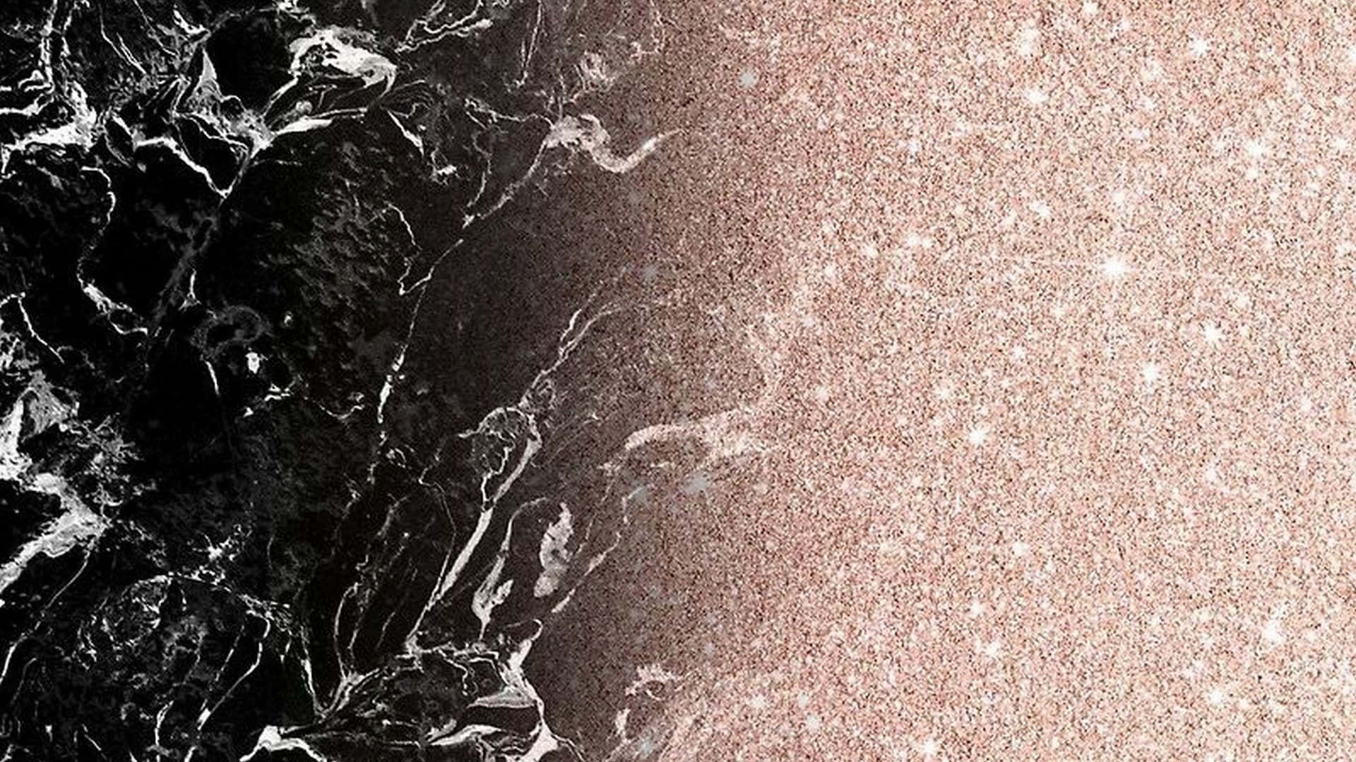 Rose Gold Desktop 桌布 壁紙 — 白色紋理黑色大理石與玫瑰金閃粉質感相遇的奢華分割設計。