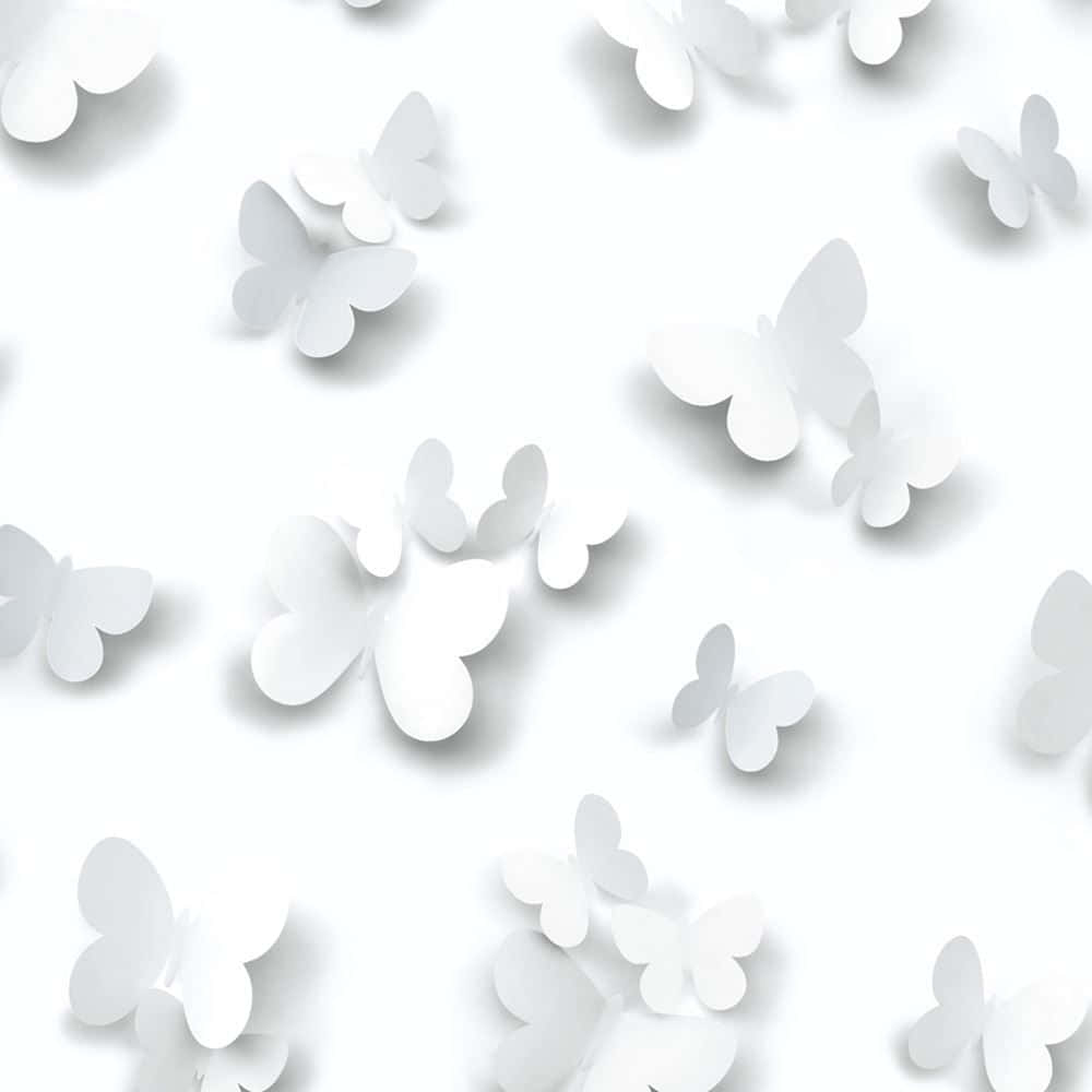 White Butterfly 桌布 壁紙 — 白色紙蝴蝶輕輕飄過明亮的白色表面，在極簡3D渲染圖案中投下柔和陰影。