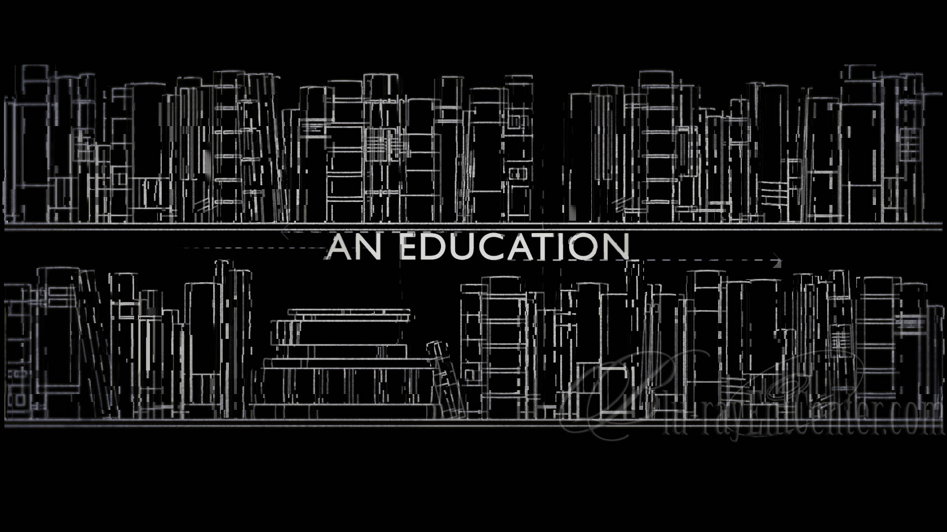 Educational 桌布 壁紙 — 白色線條繪製的書架剪影，在純黑色背景上框住文字「AN EDUCATION」。