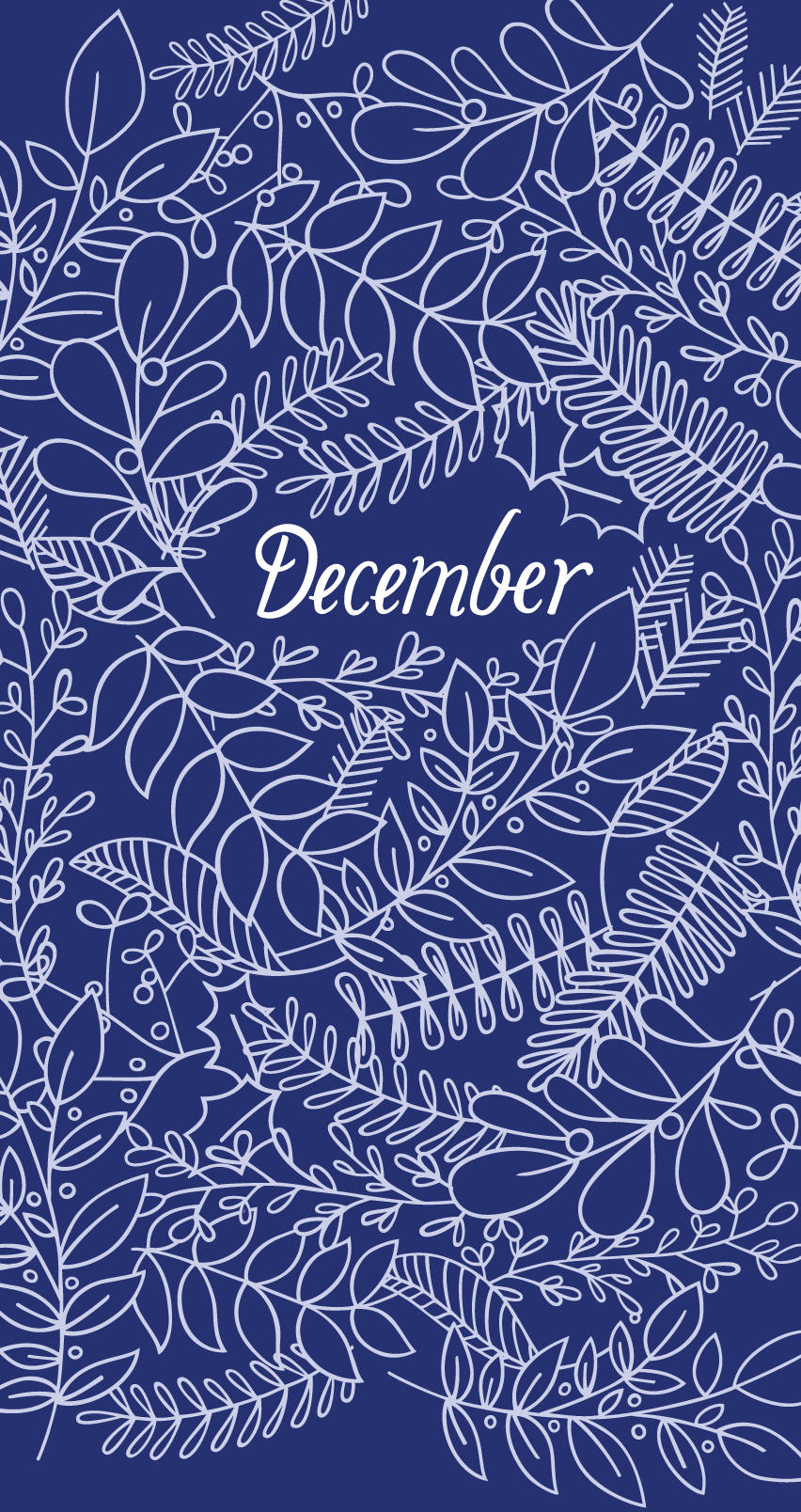 十二月 桌布 壁紙 — 白色線條繪製的樹葉圖案在深藍色背景上框住「December」一詞。