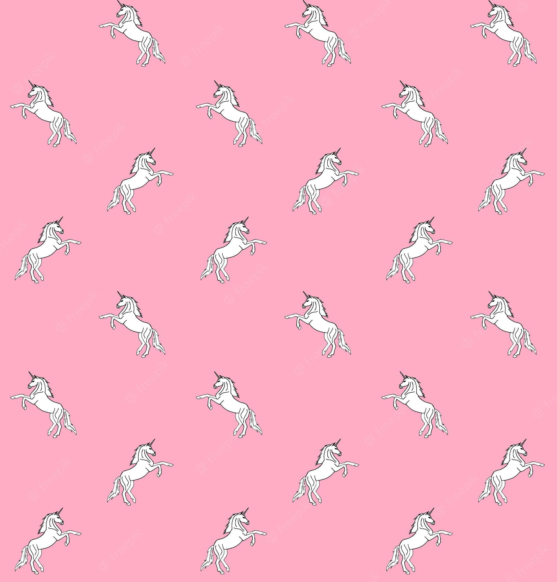 Cute Neon Pink 桌布 壁紙 — 白色線條繪製的獨角獸在純粉紅色背景上優雅跳躍，形成重複圖案。