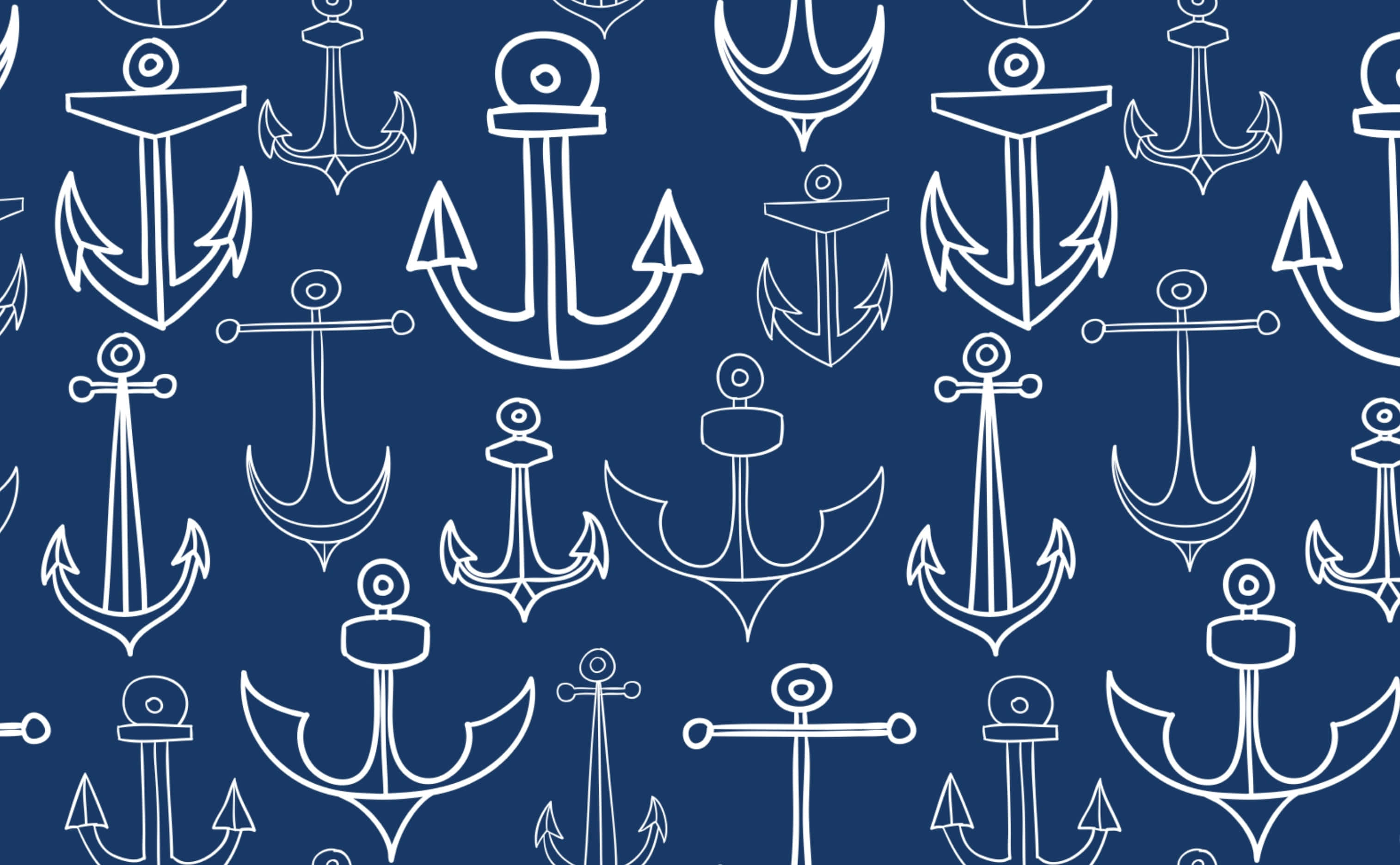 Nautical 桌布 壁紙 — 白色線條繪製的船錨在深藍色背景上重複，形成航海圖案。