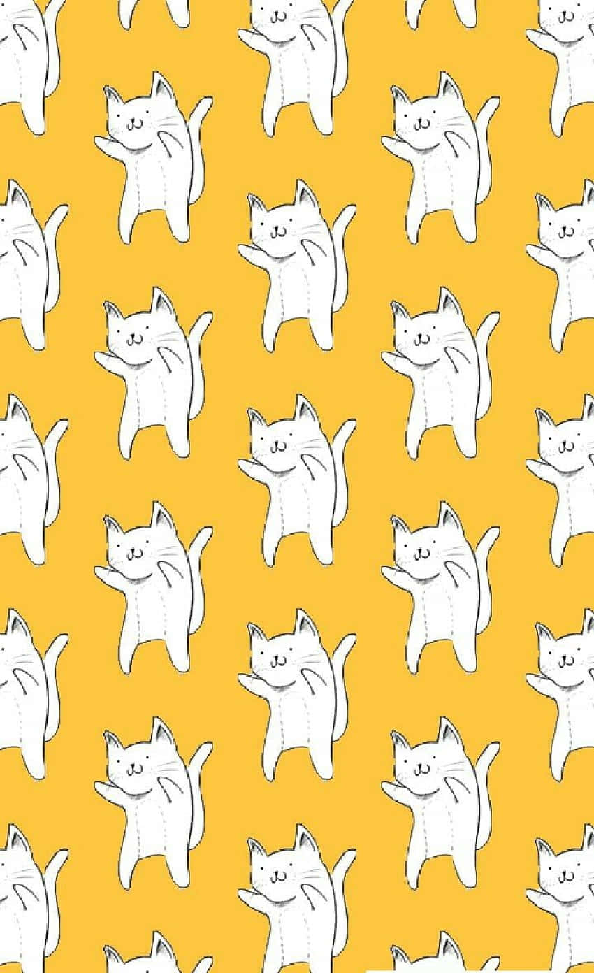 Cute Cat Pattern 桌布 壁紙 — 白色線條繪製的貓咪以歡樂姿勢重複排列在純芥末黃背景上。