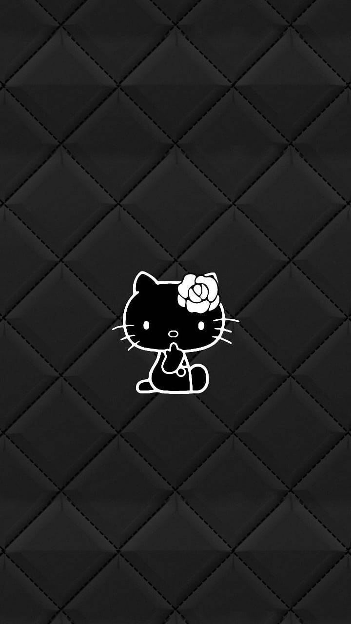 Kitty 桌布 壁紙 — 白色線條藝術Hello Kitty戴著玫瑰頭帶，坐在黑色絎縫皮革背景中央。