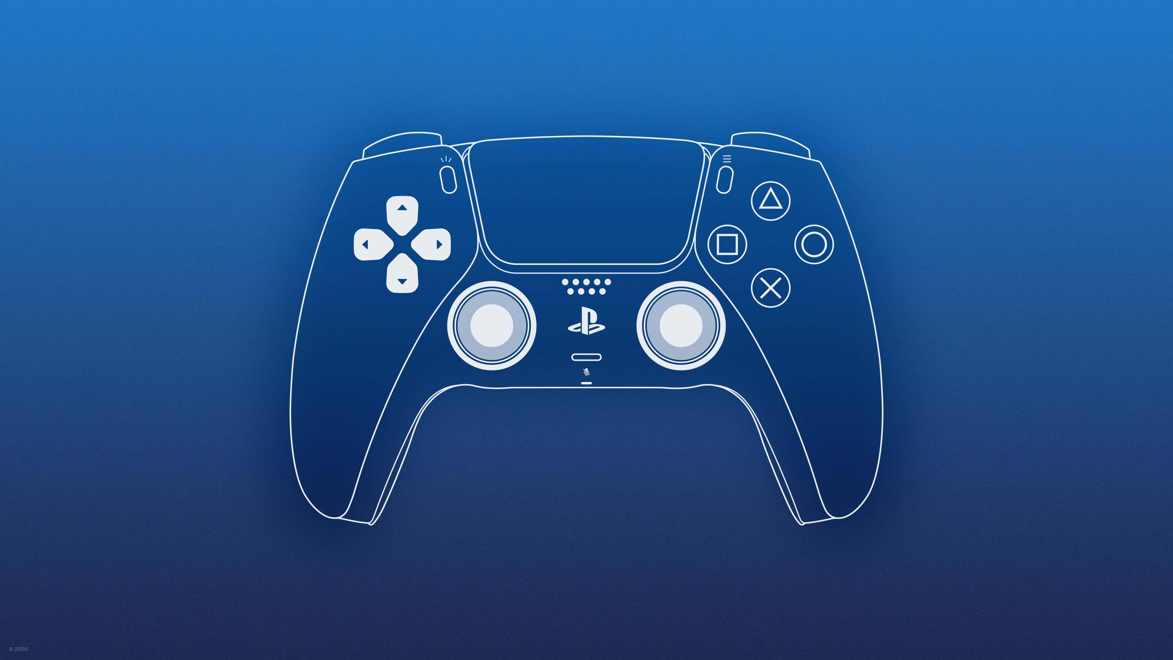 PlayStation 桌布 壁紙 — 白色線條藝術PlayStation控制器輪廓在漸變藍色背景上發光。