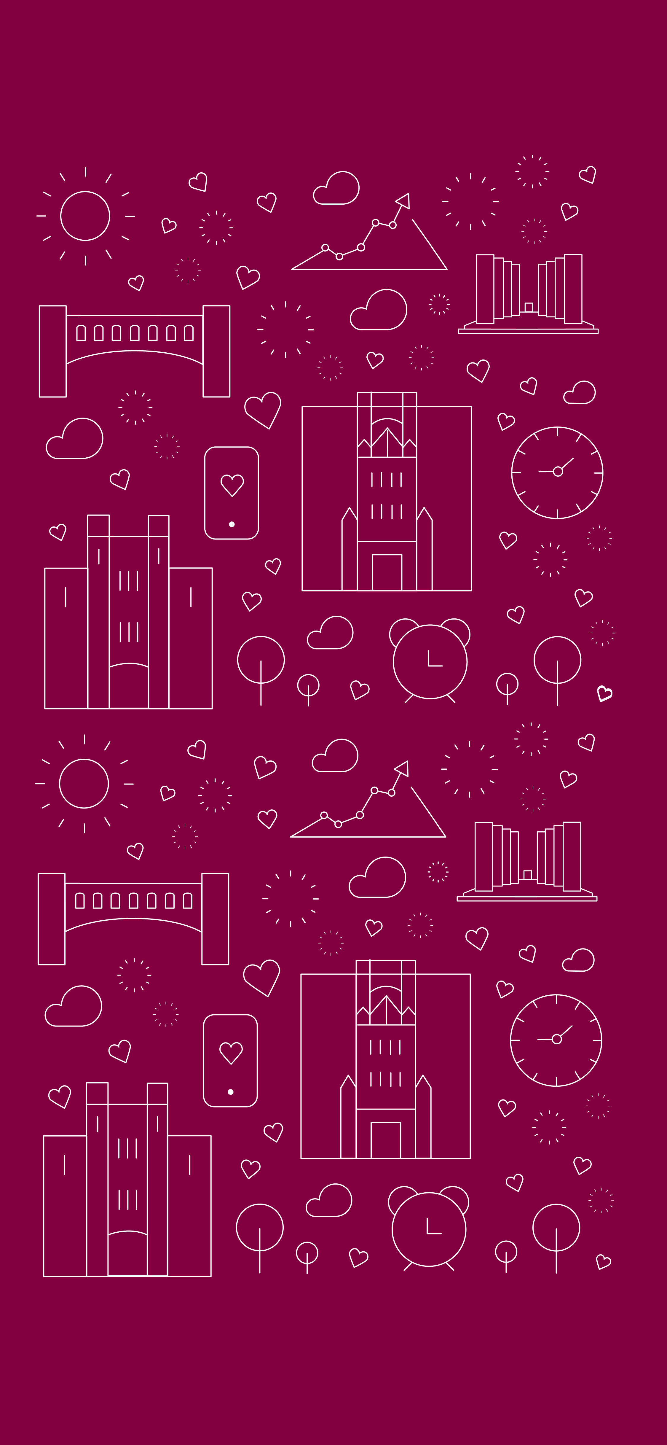 Virginia Tech 桌布 壁紙 — 白色線條藝術圖標的建築物、時鐘和心形漂浮在深洋紅色背景上。