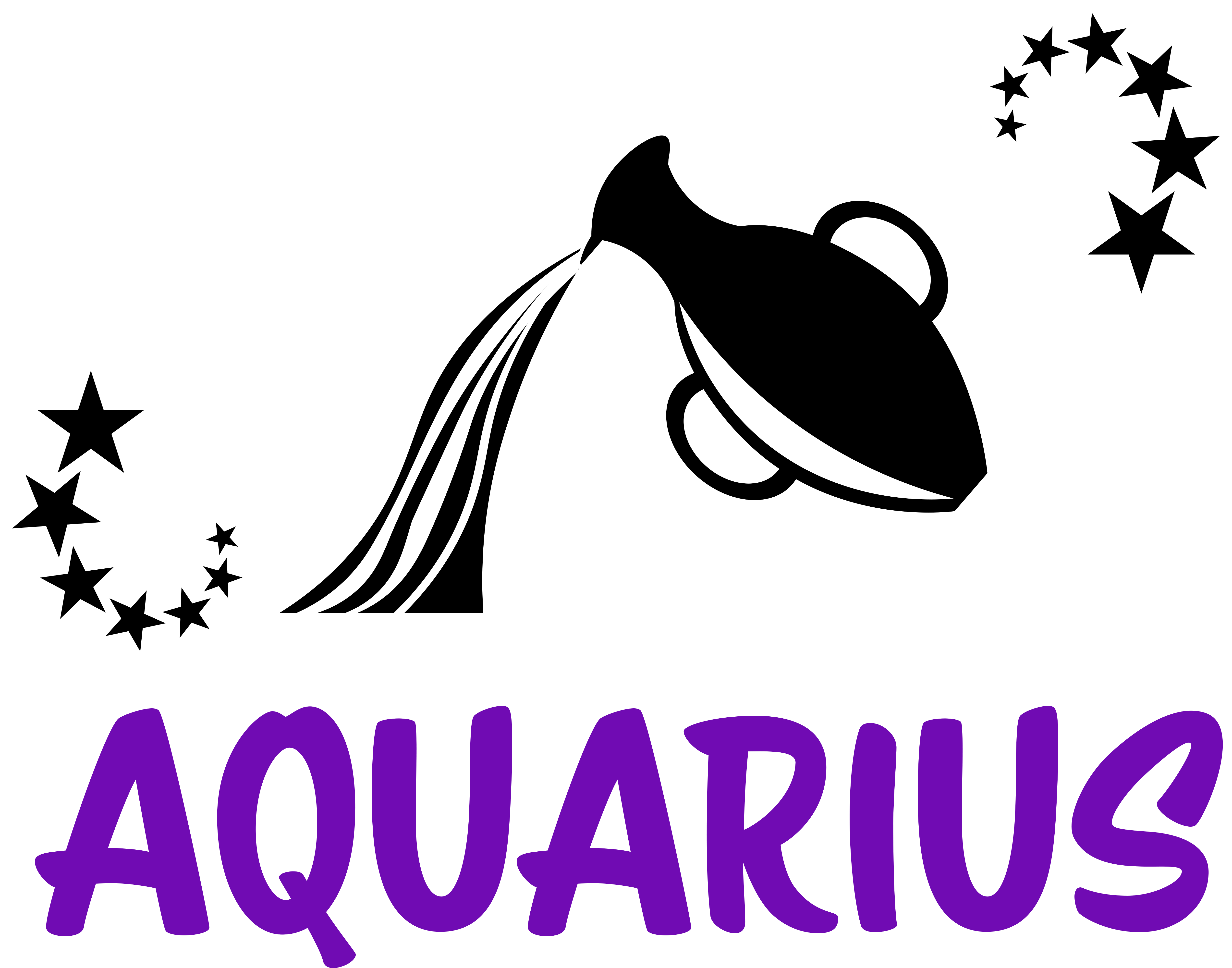 aquarius 桌布 壁紙 — 白色線條藝術水壺倒水，周圍有星星，黑色背景上有紫色'AQUARIUS'文字。