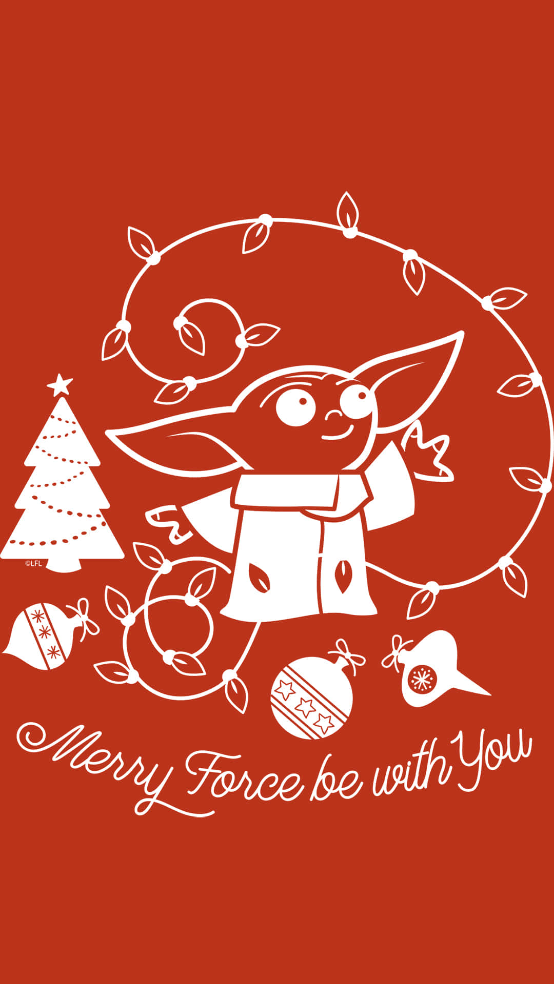 Baby Yoda Christmas 桌布 壁紙 — 白色線條藝術的Baby Yoda，被聖誕燈飾、裝飾品和樹木環繞，背景為純紅色，並帶有節日文字。