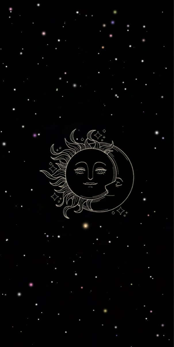 Sun And Moon Aesthetic 桌布 壁紙 — 白色線條藝術的太陽和月亮帶有臉孔，在星空下親吻。