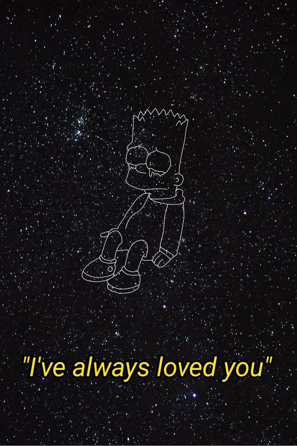 愛心 桌布 壁紙 — 白色線條藝術的巴特·辛普森在星空夜空下平靜地漂浮，下方有黃色的引用句「我一直愛你」。