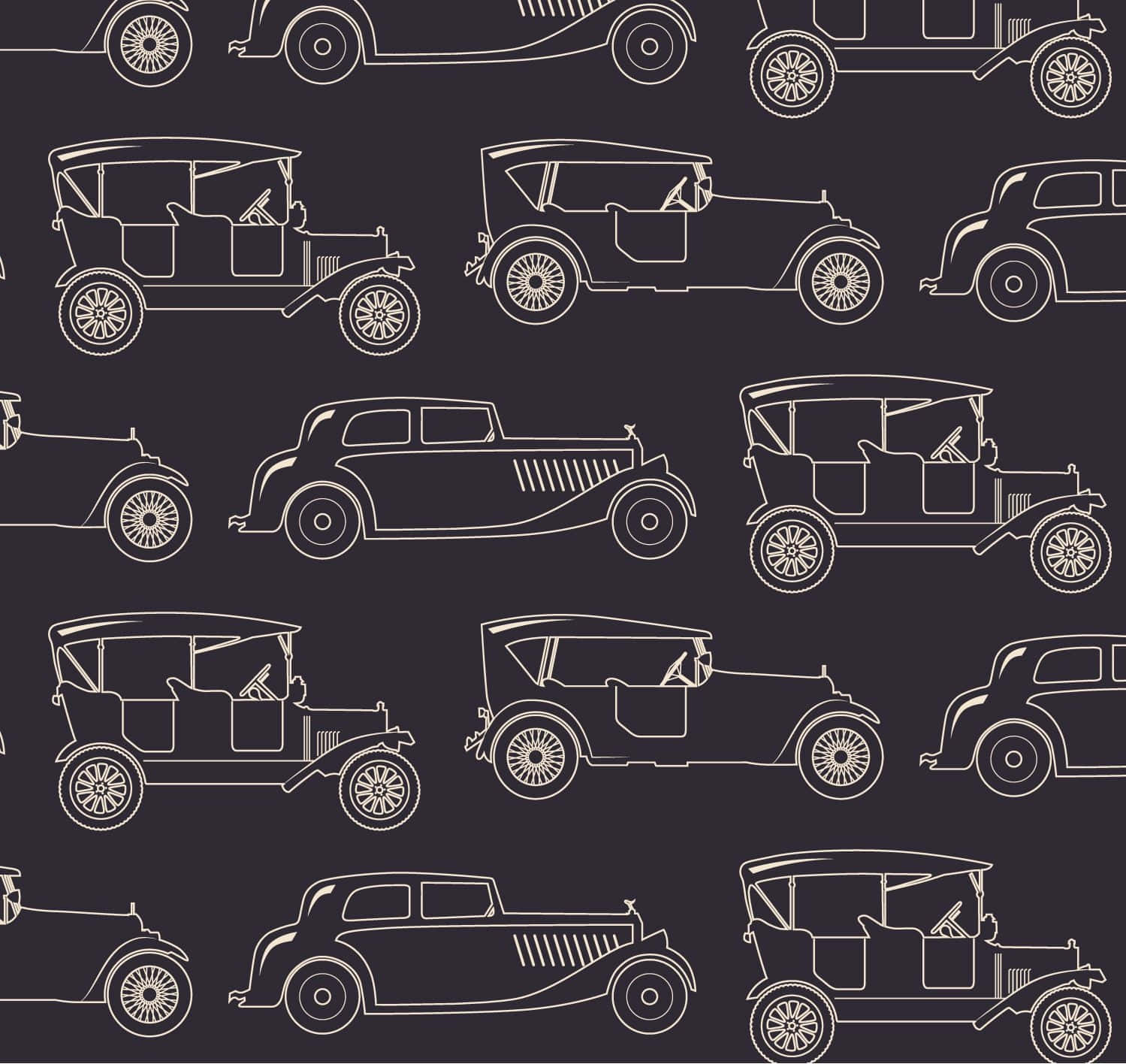 Car Pattern 桌布 壁紙 — 白色線條藝術的復古汽車在深色背景上重複形成無縫圖案。