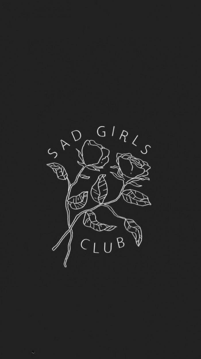 iPhone 桌布 壁紙 — 白色線條藝術的玫瑰和葉子，帶有「SAD GIRLS CLUB」文字在黑色背景上。