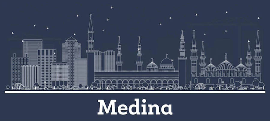 Madina 桌布 壁紙 — 白色線條藝術的麥地那天際線，包含清真寺、宣禮塔和現代建築，背景為深藍色。