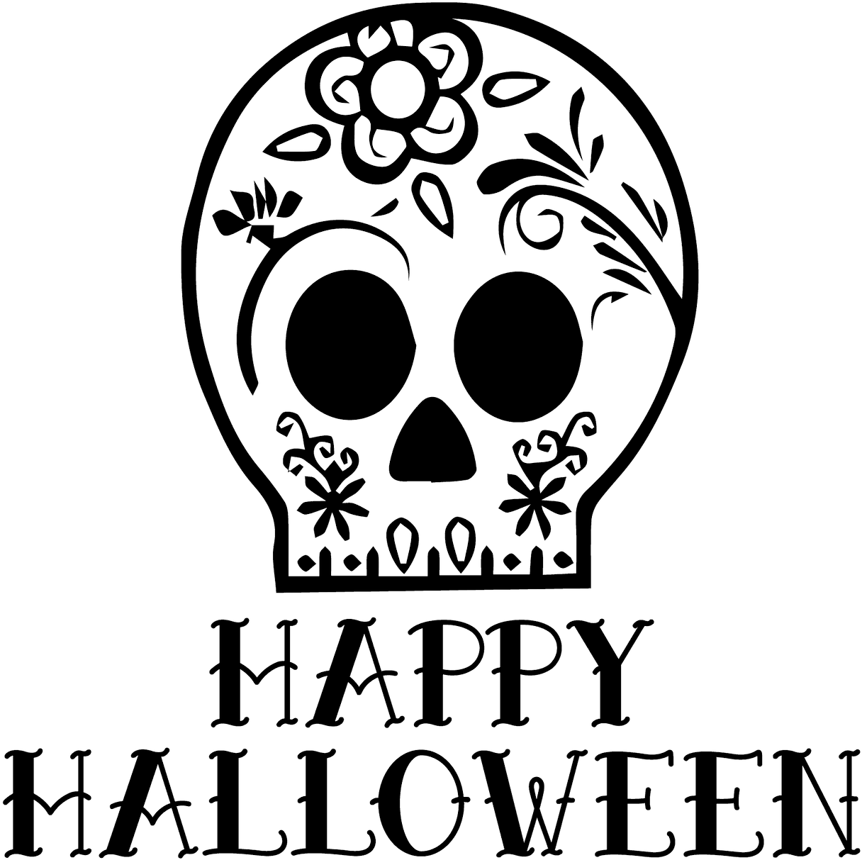 Halloween Pfp 桌布 壁紙 — 白色線條藝術糖骷髏，帶有花卉裝飾和「HAPPY HALLOWEEN」文字，背景為黑色。