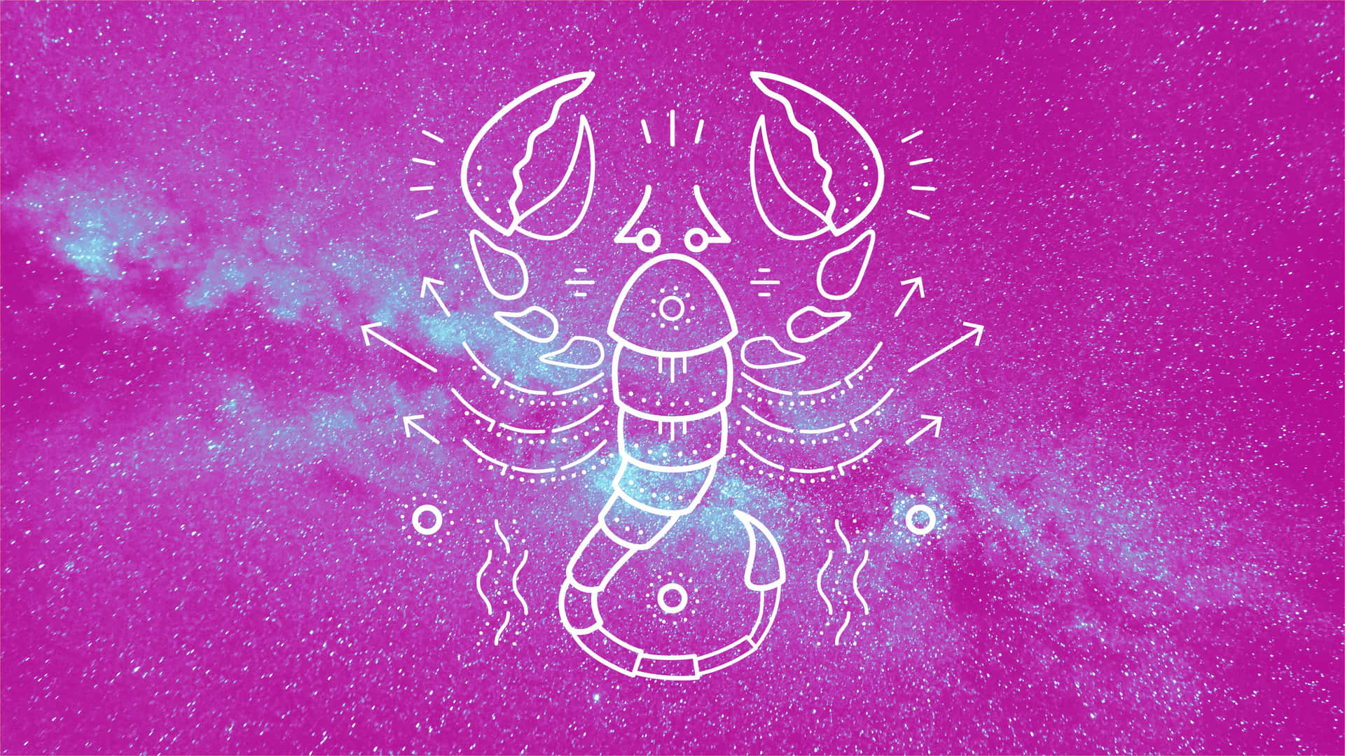 星座 桌布 壁紙 — 白色線條藝術蠍子插圖在充滿活力的紫色宇宙背景上發光，帶有漩渦狀的青綠色星雲。