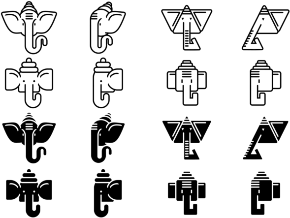 Hinduism 桌布 壁紙 — 白色線條藝術風格的象頭神圖標，以各種幾何造型呈現於黑色背景上。
