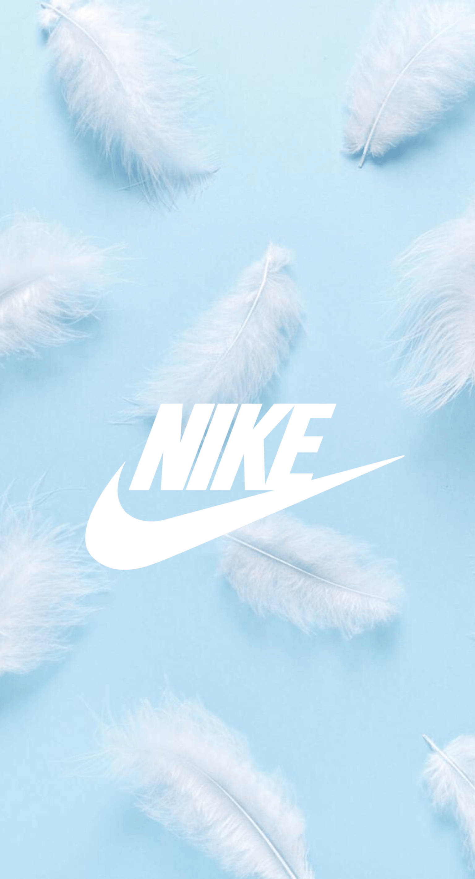nike girl 桌布 壁紙 — 白色羽毛在柔和的藍色背景上輕輕飄浮，中央有一個醒目的白色Nike標誌。