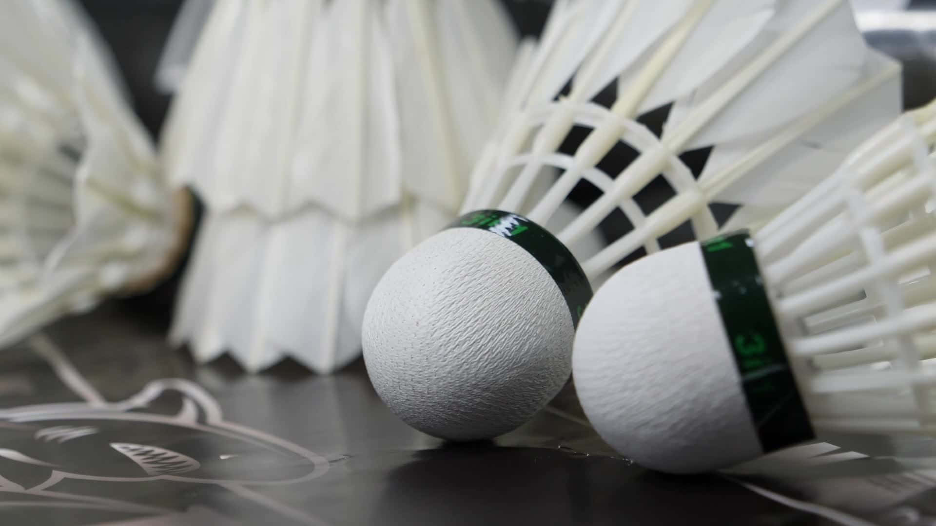 HD Badminton 桌布 壁紙 — 白色羽毛球及帶紋理的球體特寫，置於帶有標誌的深色表面上。