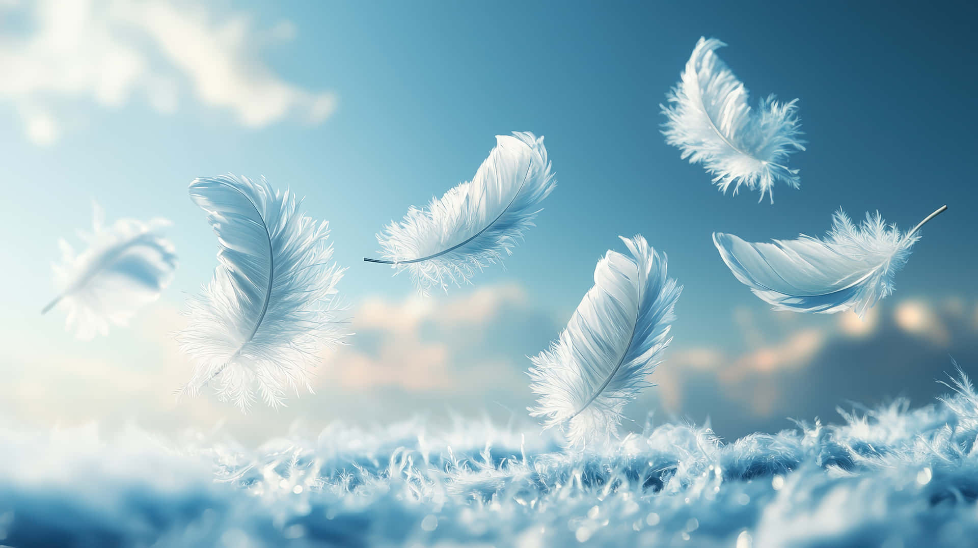 Delicate White Feathers Gently Floating in Sky 壁紙 — 白色羽毛輕輕飄過柔和的藍天，天空中有縷縷白雲，下方是蓬鬆的羽毛地面。