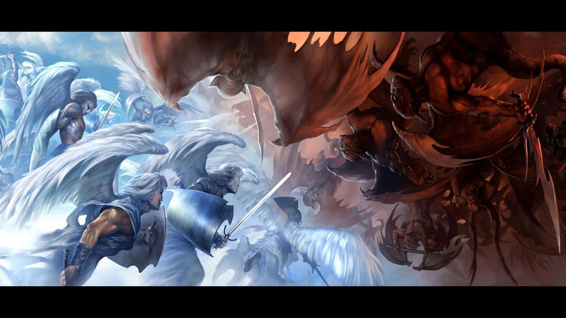 Demon Fighting 桌布 壁紙 — 白色翅膀的天使在暴風雨的天空下，與惡魔戰士在熾熱的天界戰鬥中交鋒。