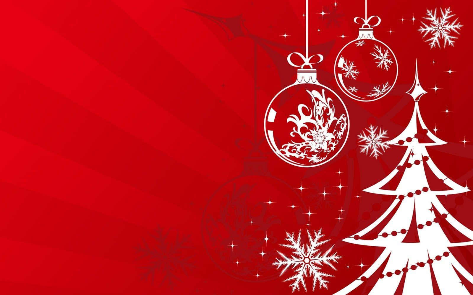 Christmas Party 桌布 壁紙 — 白色聖誕裝飾品和樹木剪影在鮮豔的紅色漸變背景上閃爍。
