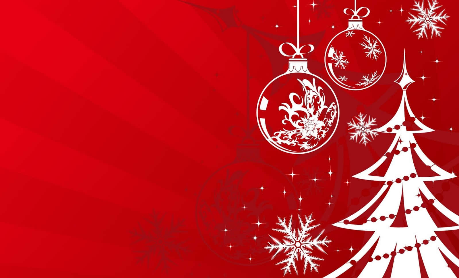 Red Aesthetic Christmas 桌布 壁紙 — 白色聖誕裝飾品和樹木剪影在鮮豔的紅色漸變背景上閃爍。